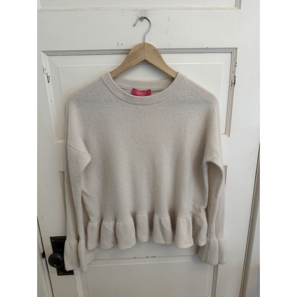 Catherine Malandrino Women's Beige 100% Cashmere Sweater Ruffle Trim Size Medium